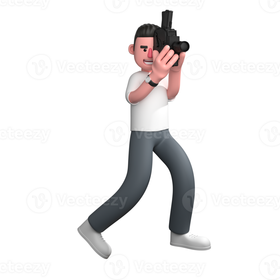 3D Male Photographer Shooting. A male photographer is standing holding an analog film camera with both hands, as if focusing with one of his eyes peeking through the lens. Event Photography Cartoon png