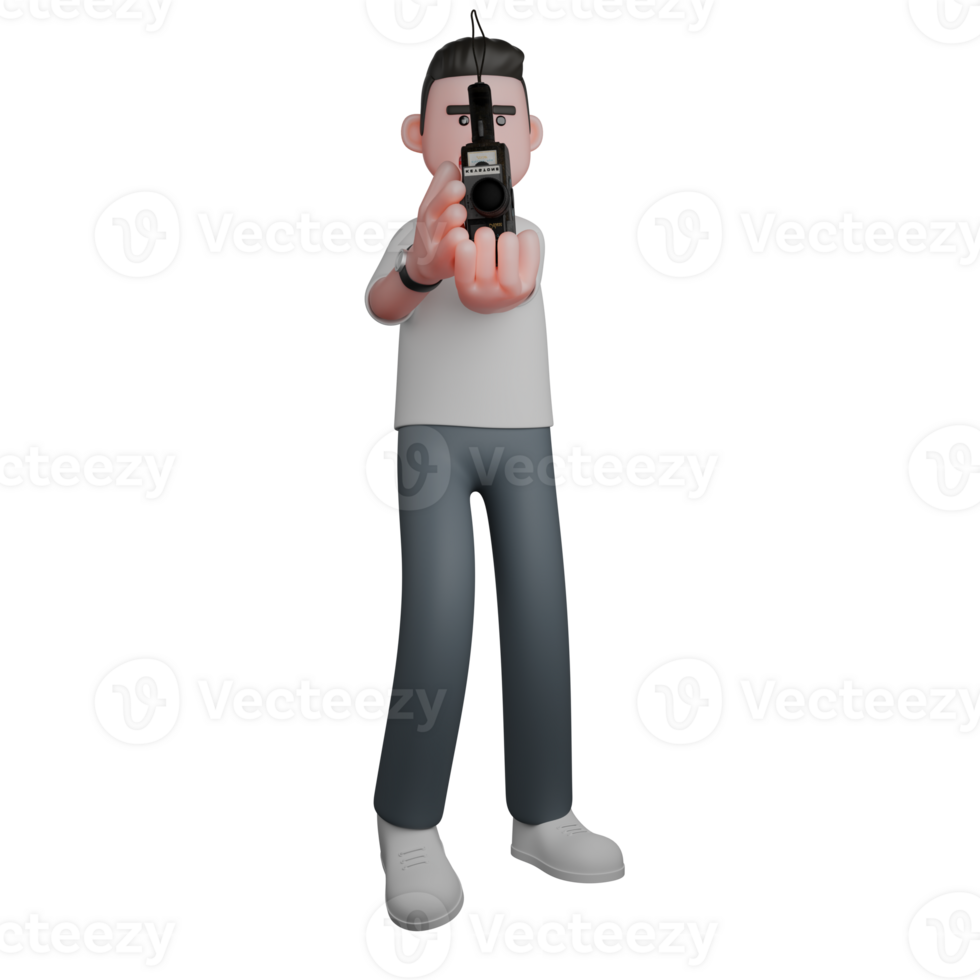 Illustrative 3D Male Photographer. A male photographer standing with both hands holding an analog camera that is highlighted forward. Professional png