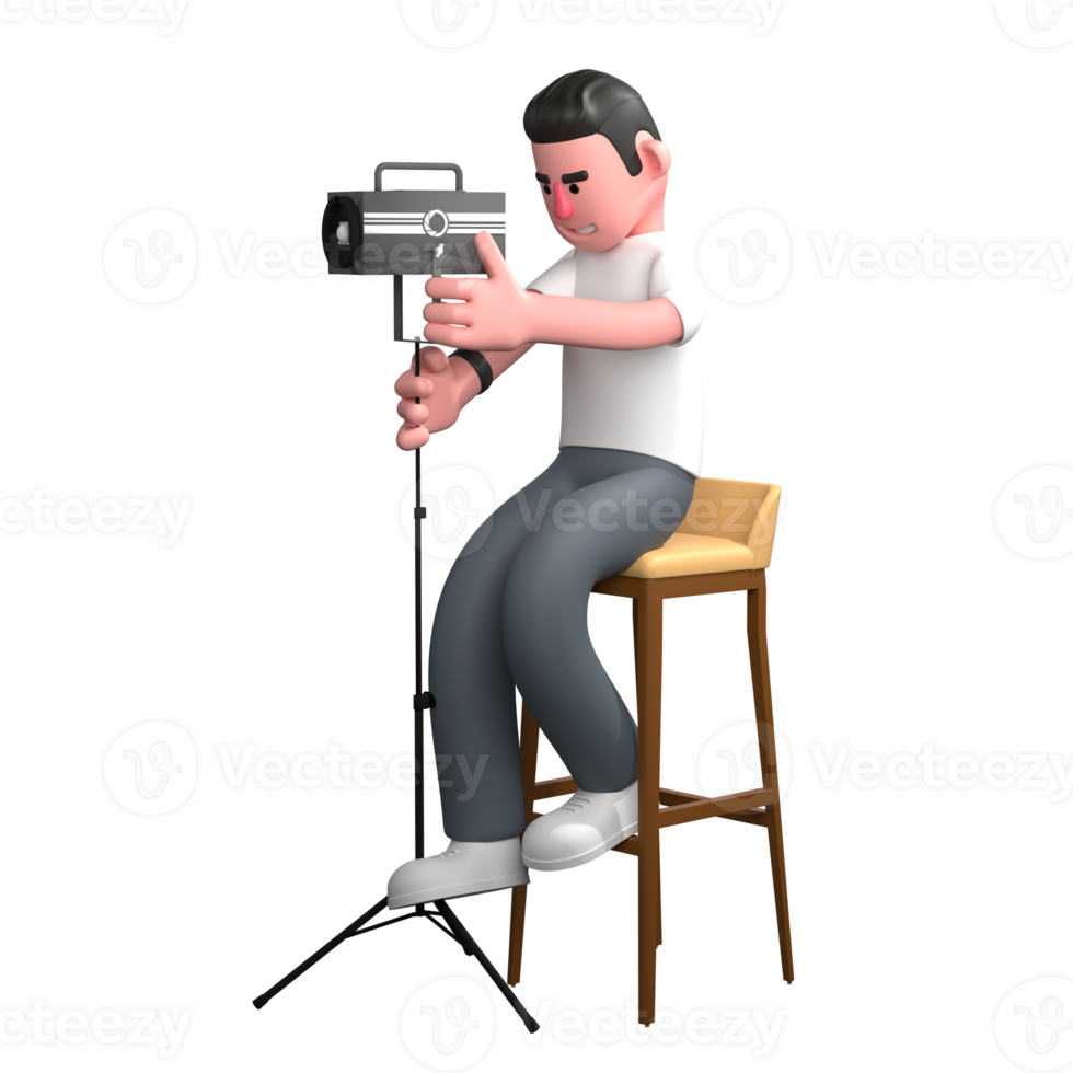 Cartoon of a Male Photographer. A male photographer is sitting on a chair with both hands holding a studio light attached to a tripod. 3D Creative Style png
