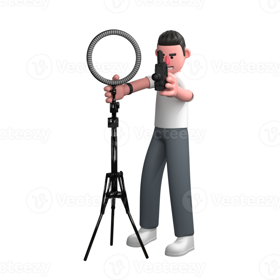 Male Photographer 3D. A male photographer is standing next to a large ring light attached to a tripod with his left hand holding the camera while his right hand holds a large ring light. png