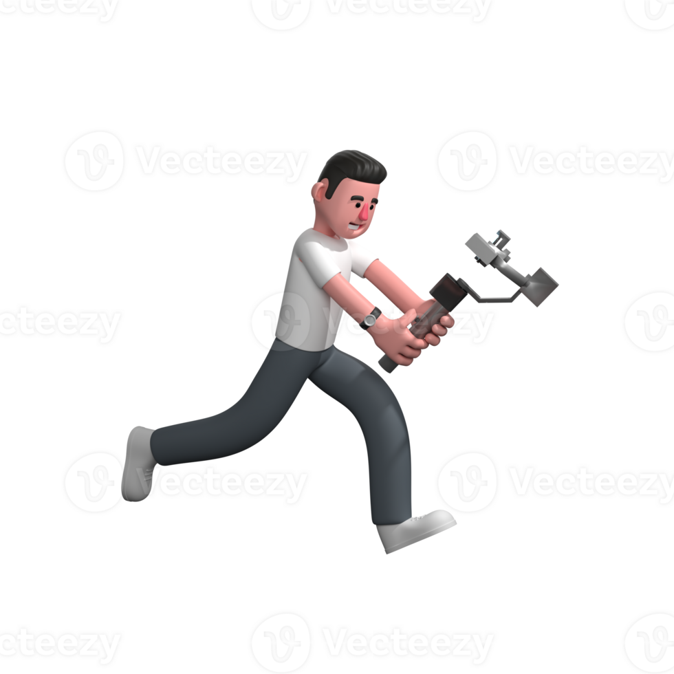 Professional Photographer in 3D. A male photographer is running while holding a camera stabilizer with both hands. Male png