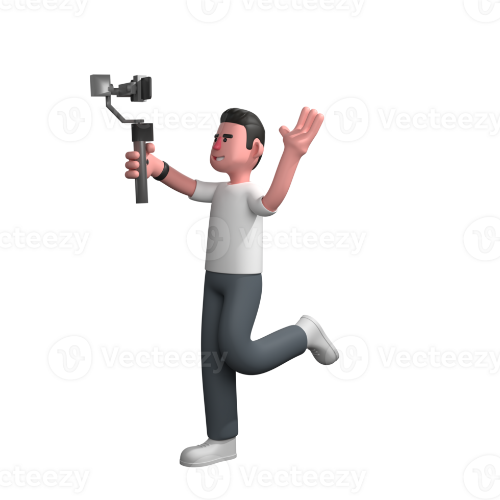 of 3D Male Photographer. A male photographer stands with his left leg bent upwards while his right hand holds the camera stabilizer and his left hand is raised upwards as if greeting. png