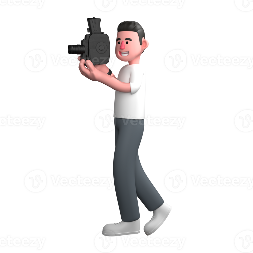 Cartoon Male Photographer. A male photographer is walking holding an analog film camera and his expression looks happy with a big smile on his face. 3D Visual Media Professional png