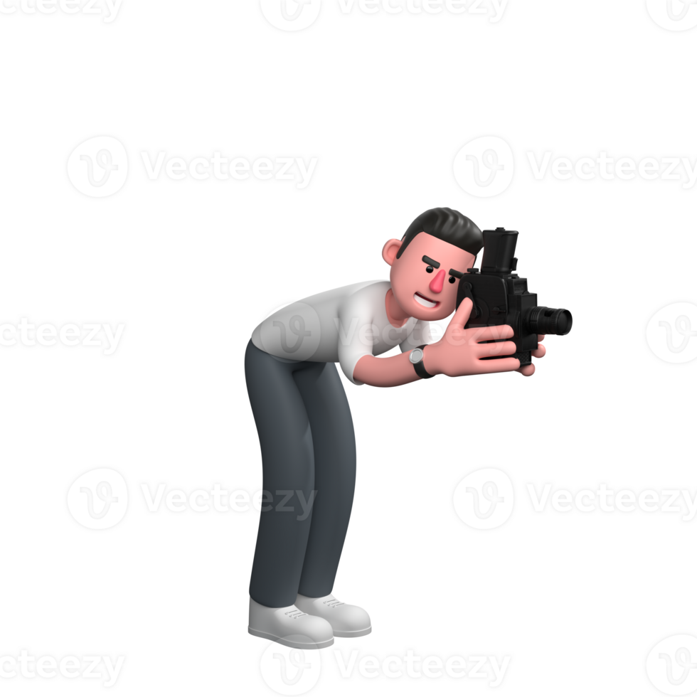 Illustrated Media Professional. A male photographer is bending forward while holding a camera with both hands and his face is close to the camera. 3D Male Photographer png