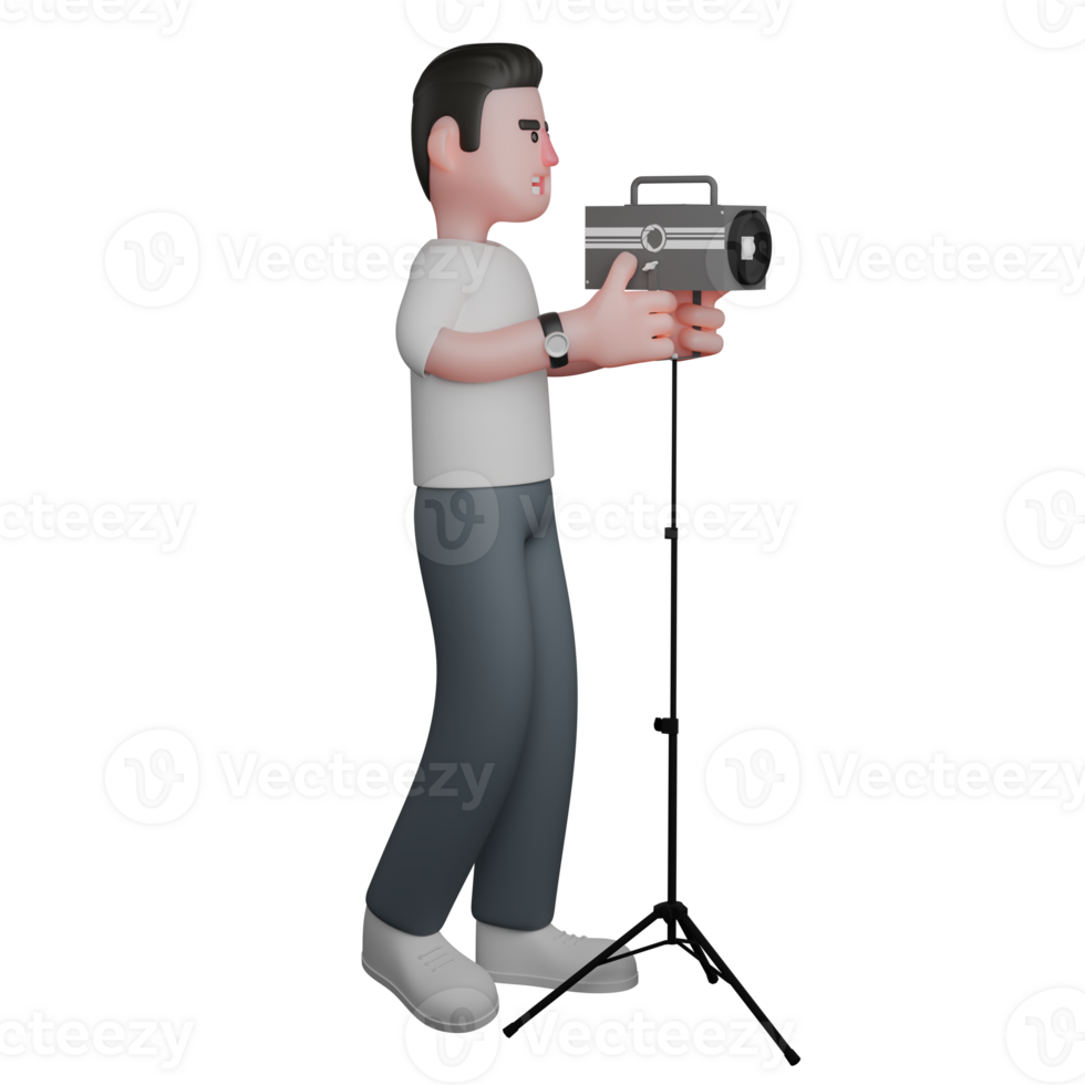Male Professional Photographer 3D Character. A male photographer standing behind a studio light with his right leg slightly raised and both hands holding the studio light. Media png