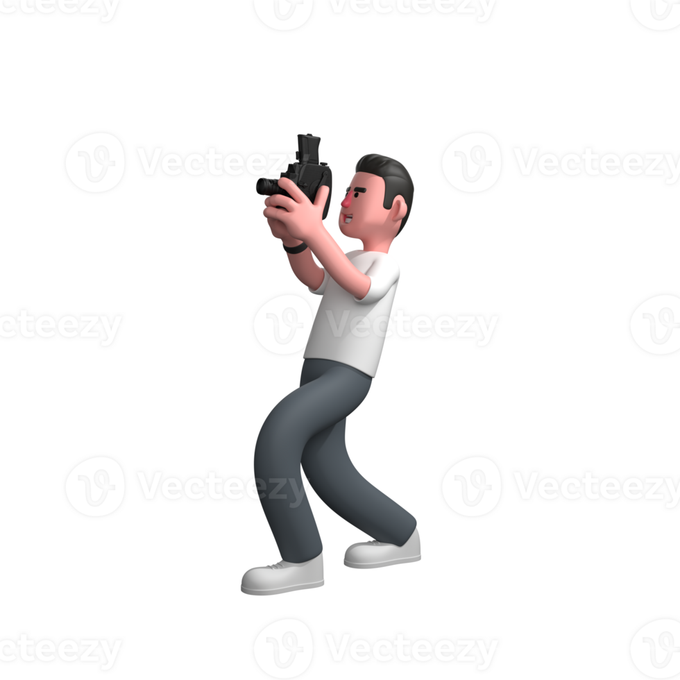 Male Photographer 3D Professional. A male photographer is taking pictures with a large camera in both hands, his body position is slightly leaning back. Media Cartoon png