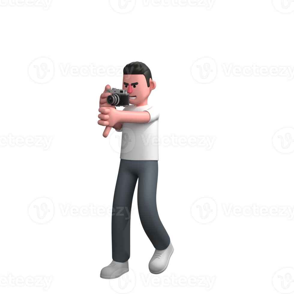 3D Model of Professional Male Photographer. A male photographer is standing in a focused position, both hands holding a camera with both hands in front of his face. Media Character png