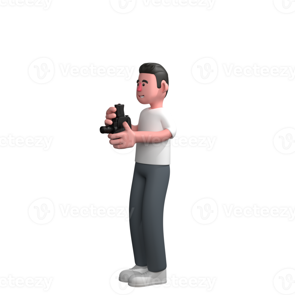 Photographer Male Professional. A male photographer is standing to the right holding an analog camera with both hands in front of his body. 3D Media png