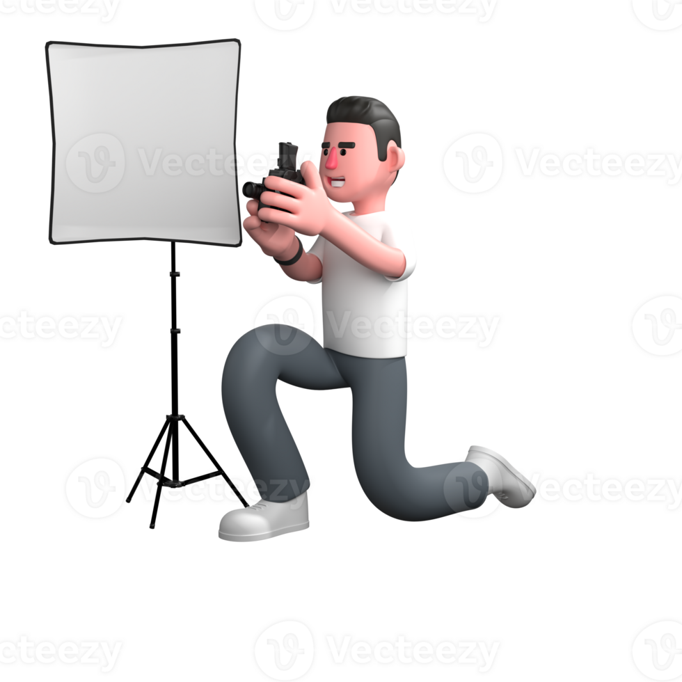 Professional Male Photographer. a male photographer is kneeling, holding a camera in front of a large reflector or softbox. 3D Media png