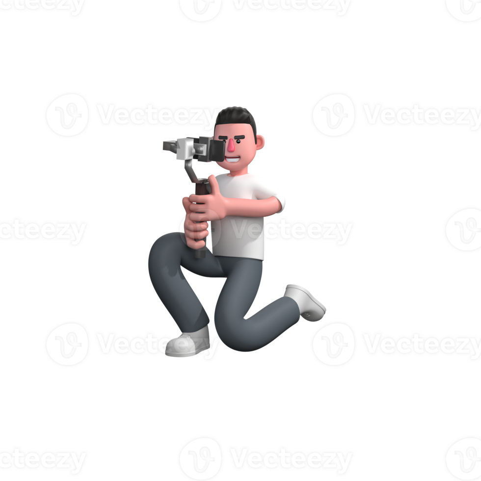 Media Photographer Professional in 3D. A male photographer is kneeling while holding a camera mounted on a stabilizer. Male png