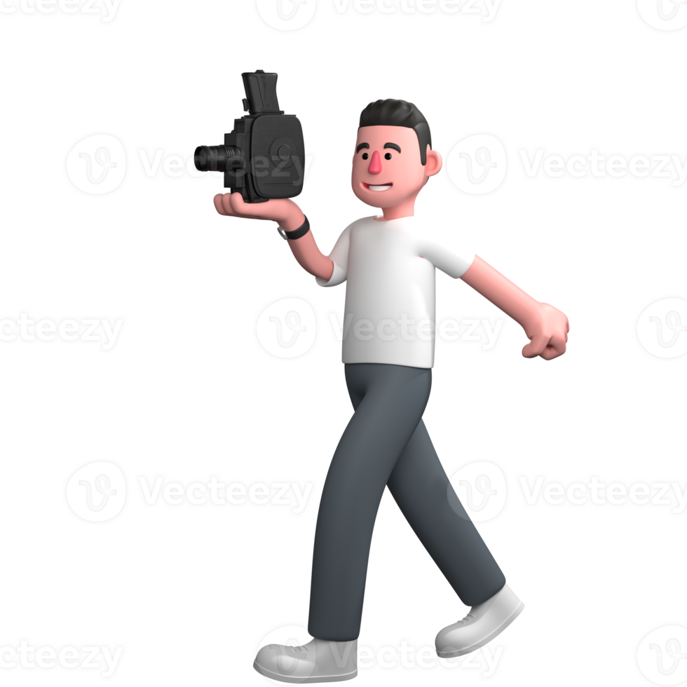 Photography 3D. A male photographer is walking confidently while holding a camera in his right hand. Professional Male Photographer png