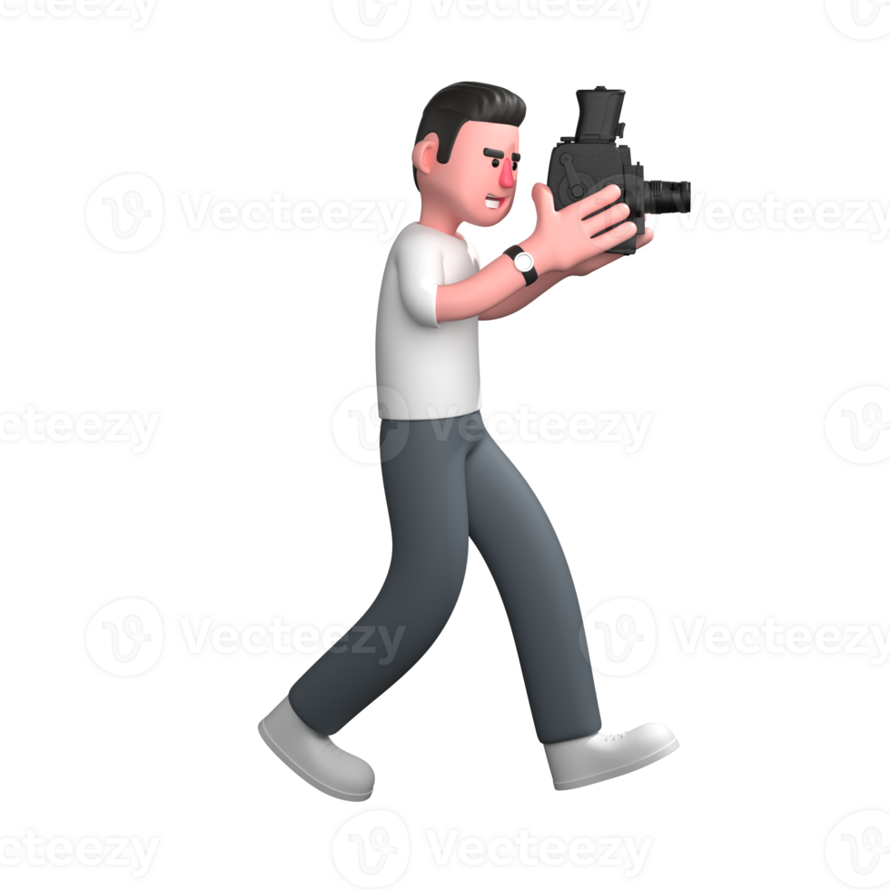 Animated Professional Photographer. A male photographer is walking while holding a camera with full focus. 3D Male png