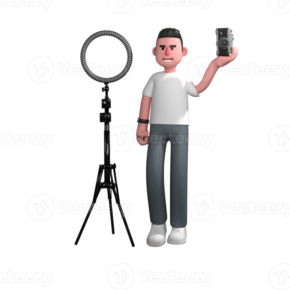 3D Male Photographer in Media Profession. A male photographer is standing holding a camera in his right hand and standing next to a ring light. Illustrated png