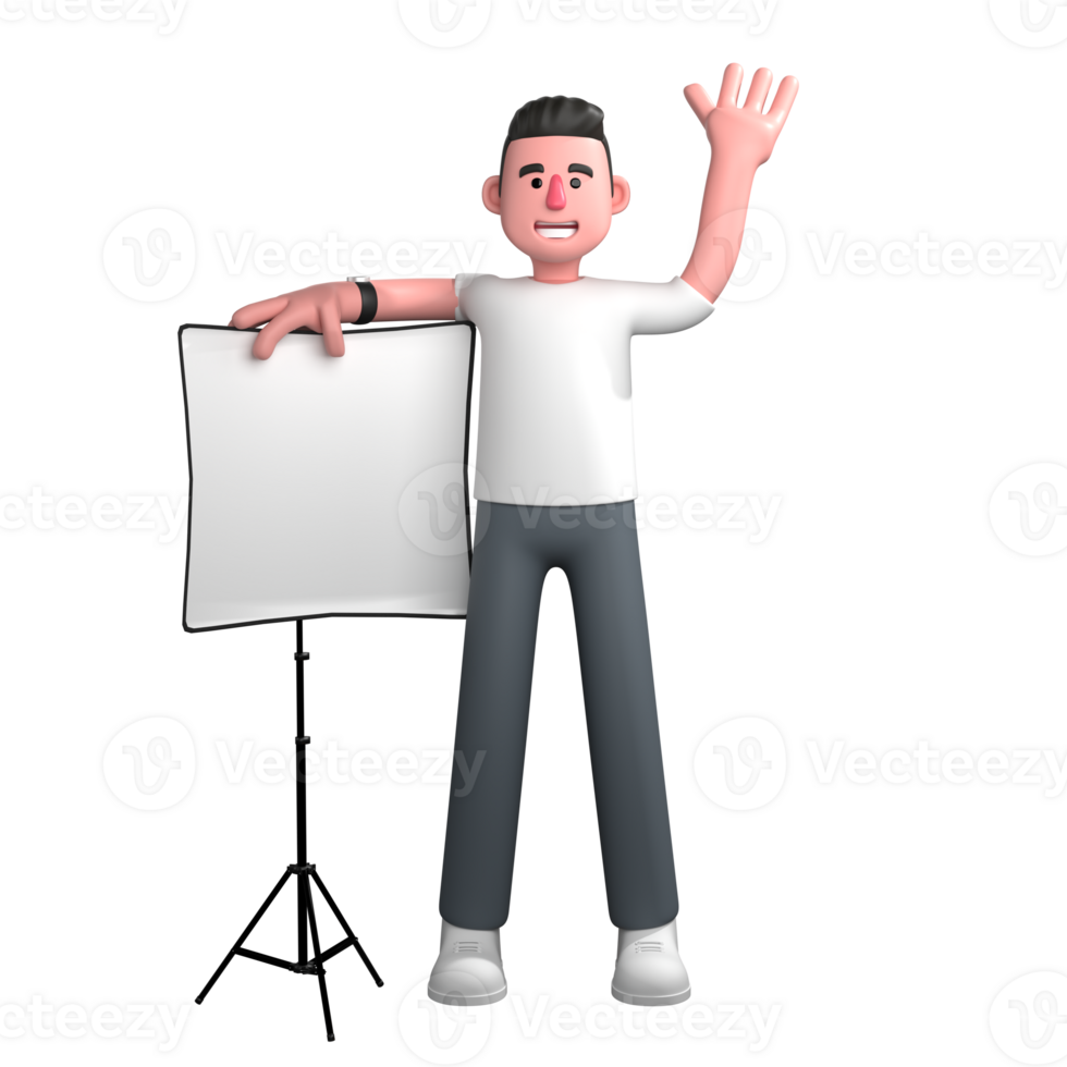 3D Professional in Photography. a male photographer is standing next to a reflector with his right hand resting on the reflector while his left hand is raised as if greeting. Male Photographer png