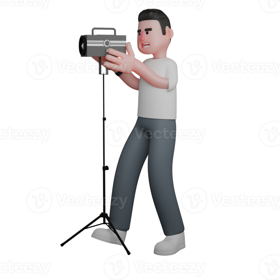 Male Photographer in 3D Professional Media. A male photographer standing behind a studio light with his right leg slightly raised and both hands holding the studio light. Cartoon png