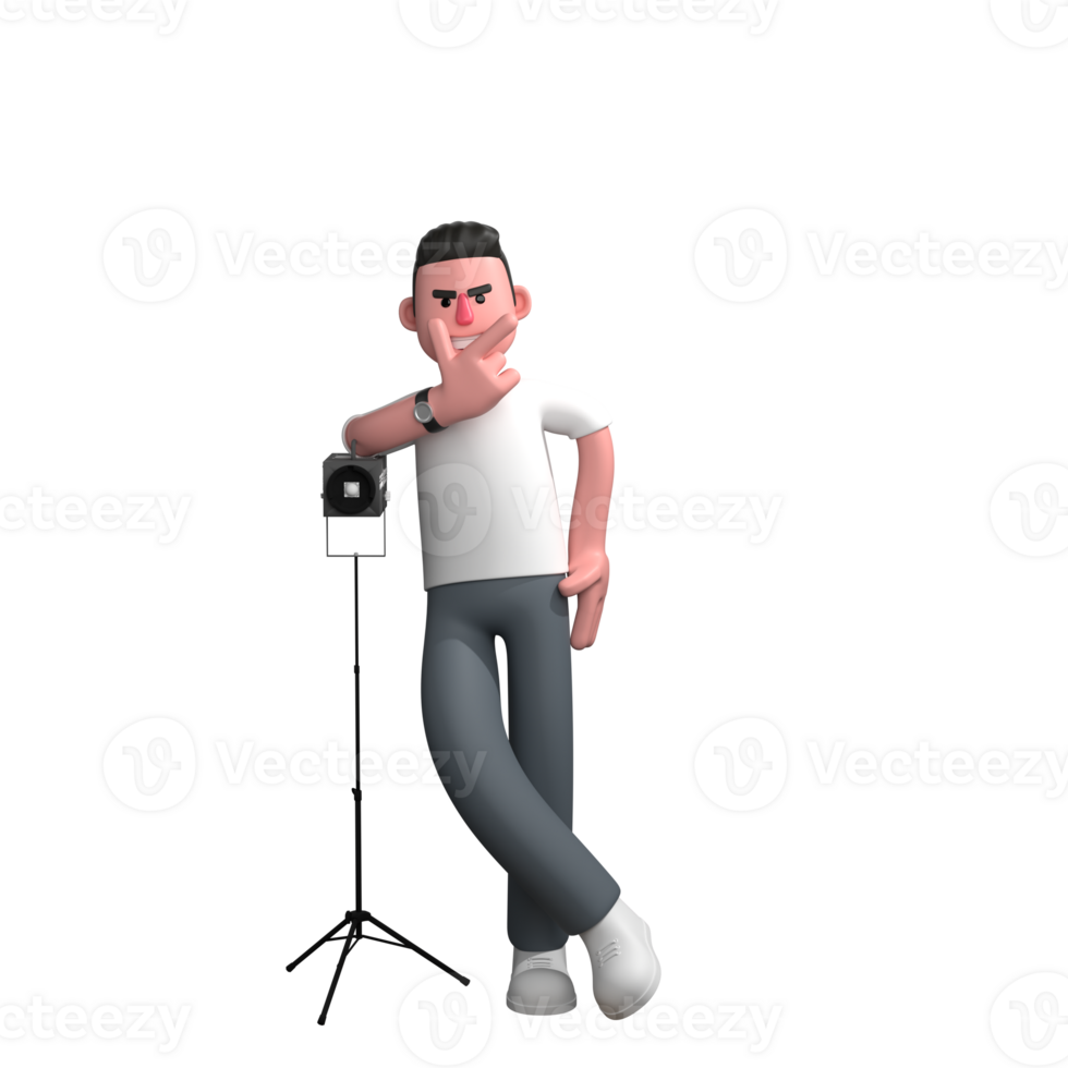 A male photographer is standing next to a studio light with both legs crossed, his left hand is on his waist while his right hand is on his chin with his index finger and thumb sticking out. png