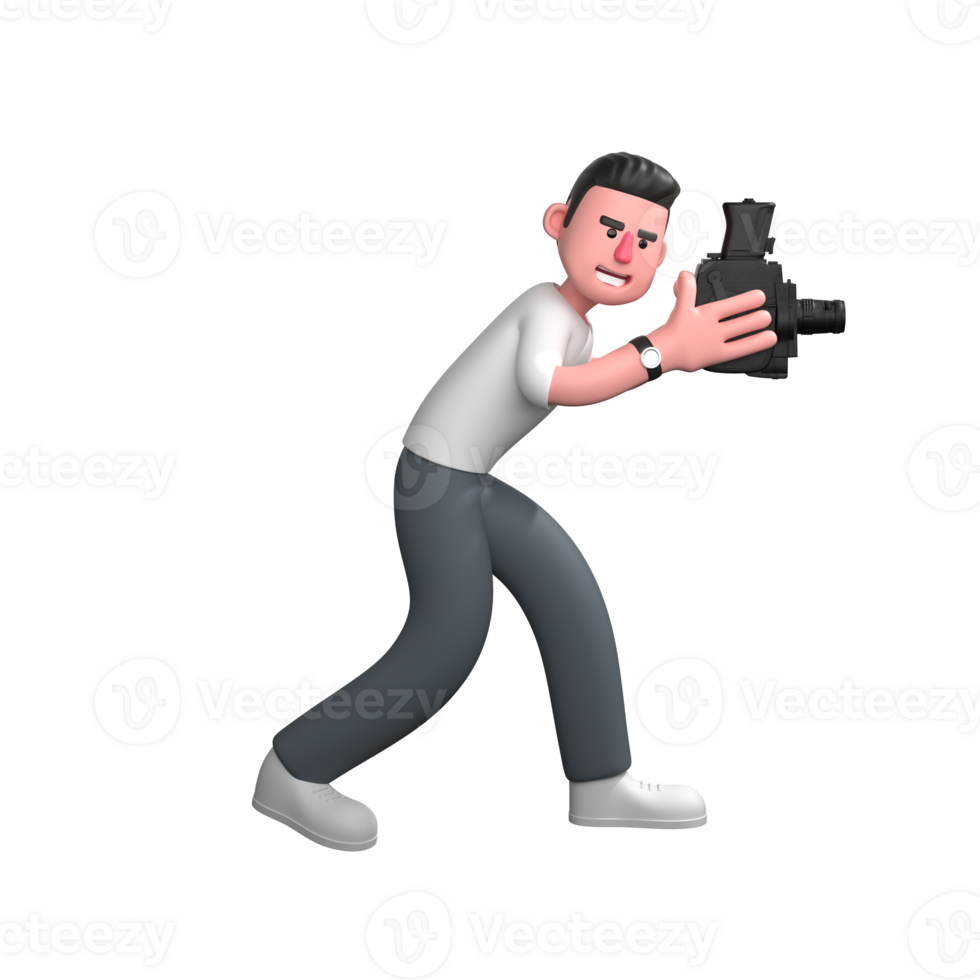 Male Photographer Media Professional. A male photographer is walking in a forward-leaning position with a camera in both hands. 3D Cartoon png