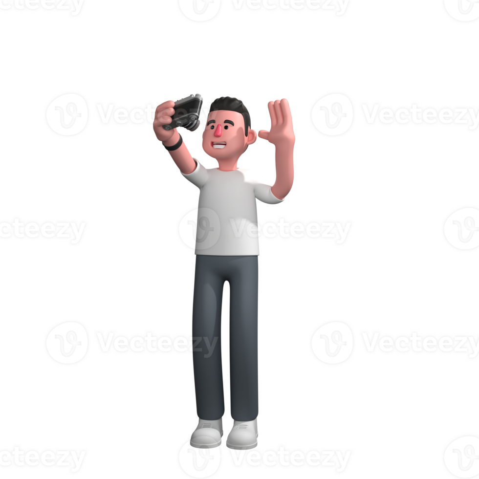 3D Urban Male. A male photographer is standing with his right hand holding a camera while his left hand is raised as if he is making content. Photographer png