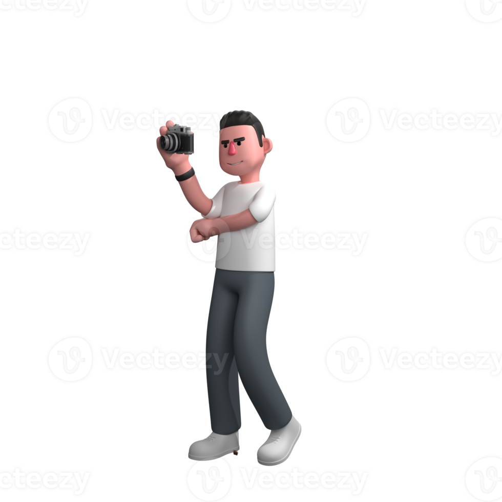 A male photographer is standing with his left hand in front of his chest under his right hand holding the camera. 3D Male Photographer png