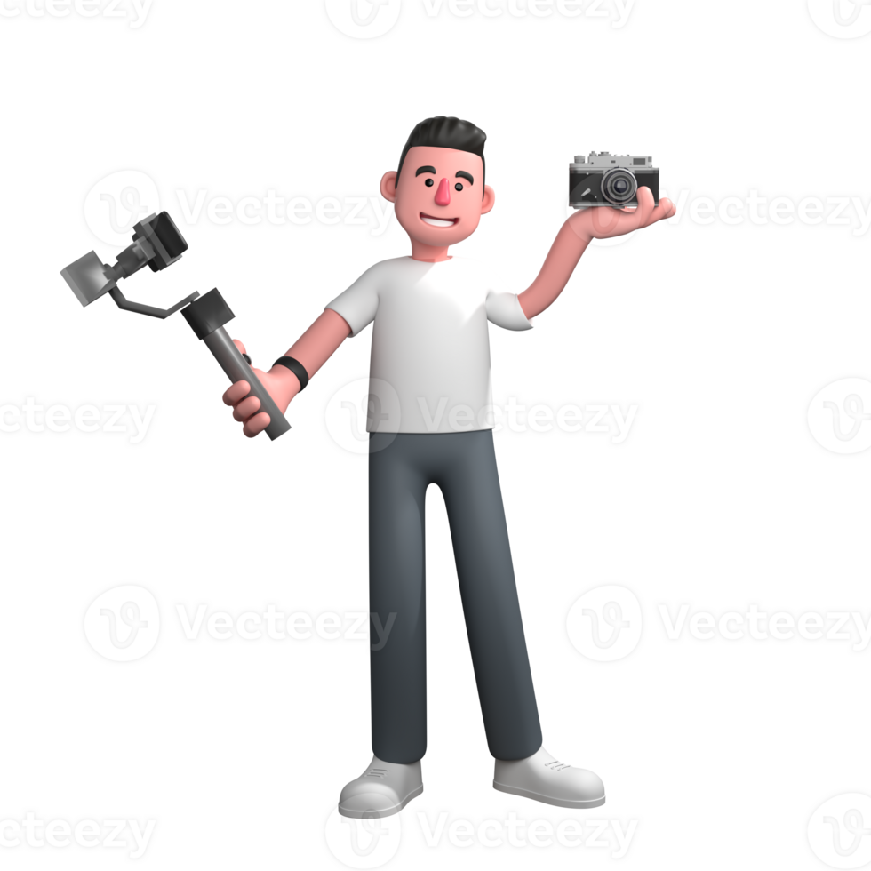 Professional 3D Male Photographer. A male photographer stands holding a camera in his left hand while his right hand holds a gimbal for stabilization. Media Character png