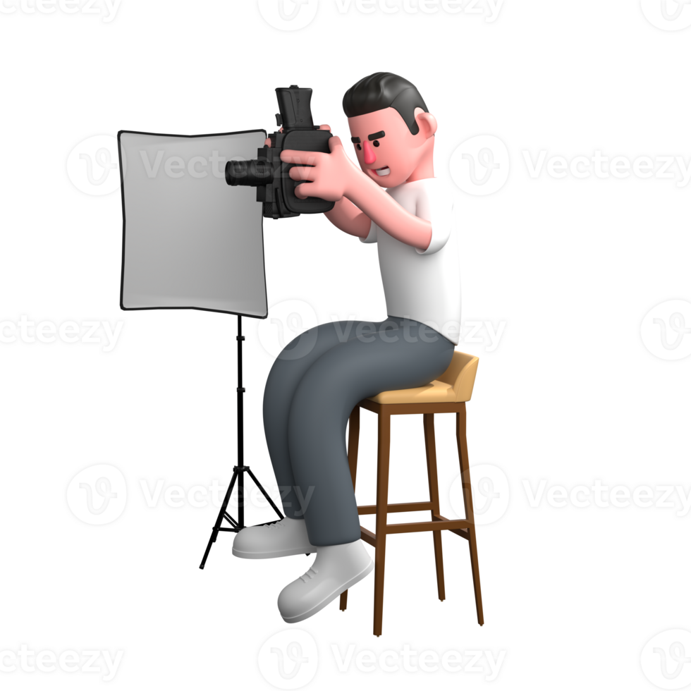 3D Male Photographer in Studio. a male photographer is sitting on a high chair with both hands holding a camera and a reflector beside him. Professional Character png