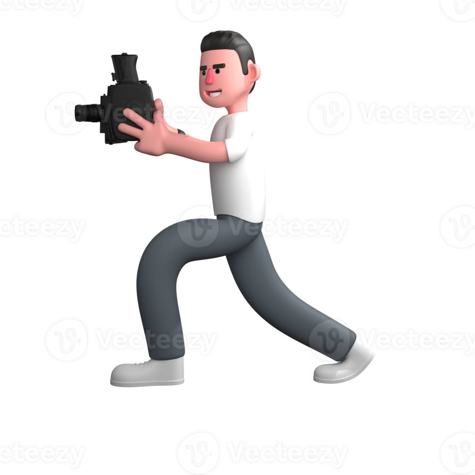 Photographer's Daily Shoot in 3D. A male photographer is running or moving quickly while holding a camera with both hands. Male Cartoon png