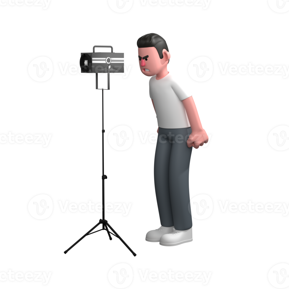 3D Professional Male Photographer Character. A male photographer is observing the studio lights in front of him with his body slightly bent and both hands behind his body. Media png