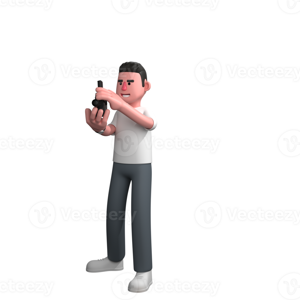 Media Male Photographer. A male photographer is standing holding a camera with both hands, preparing to take a photo. 3D Professional Character png