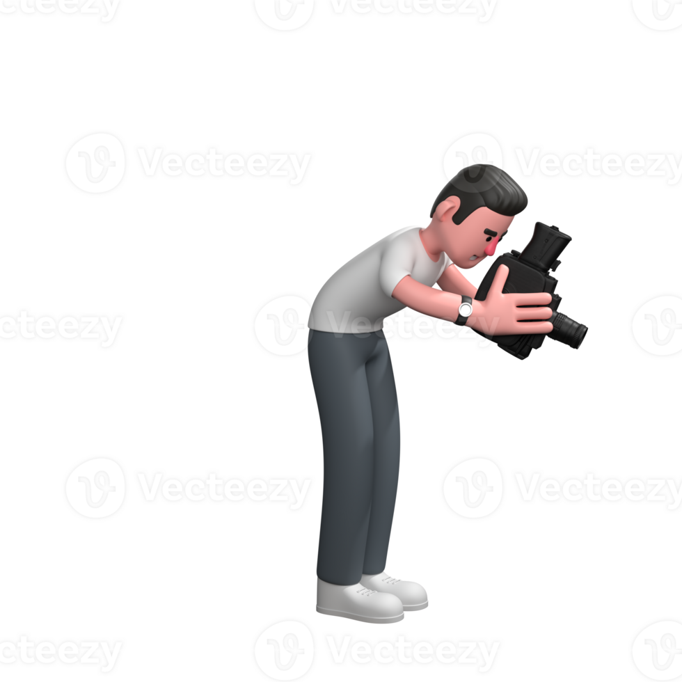 Male Media 3D Animation. A male photographer is bending over while looking through the camera lens held with both hands. Photographer png