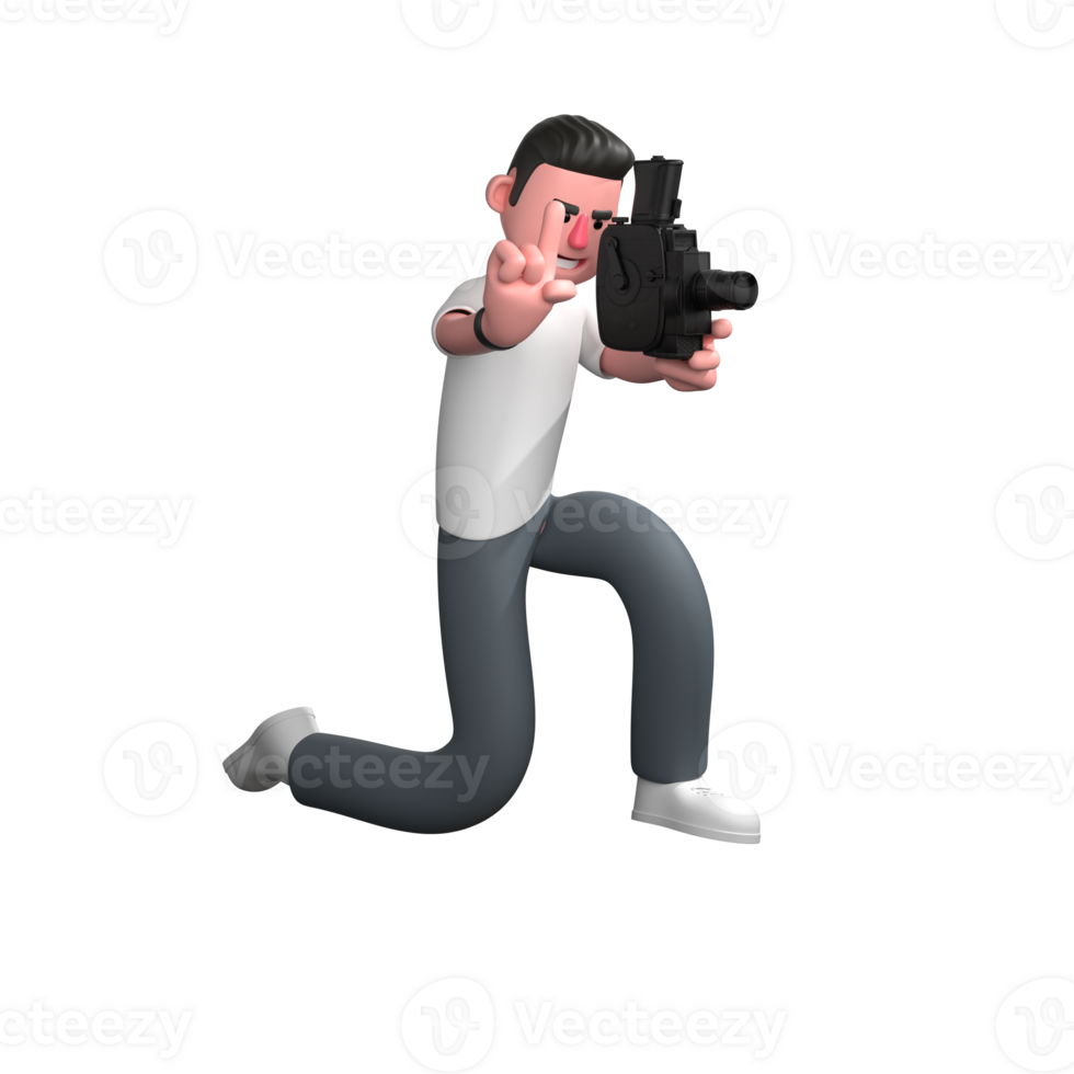 Professional Male in Photography. A male photographer is kneeling on one leg while holding a camera, with his left hand forming a focus symbol. 3D Photographer Cartoon png
