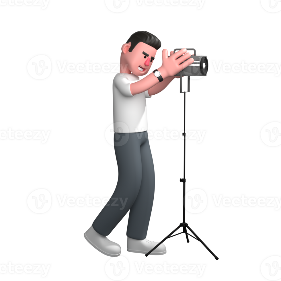 3D Model of Male Photographer. A male photographer is standing in front of a studio light with both hands holding a studio light attached to a tripod. Professional Cameraman png