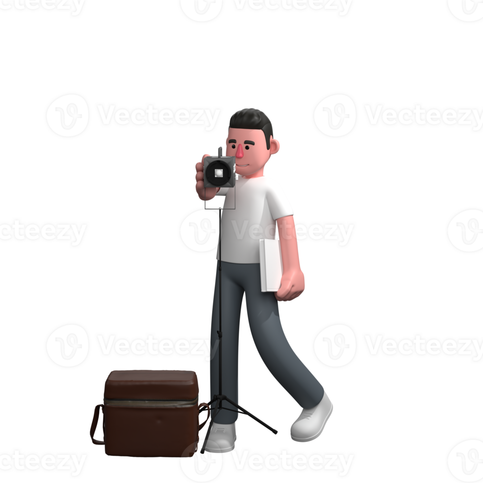3D Male Photographer in Action. A male photographer is standing behind a camera bag and studio light with his left hand holding a stack of white paper and his right hand holding a studio light. png