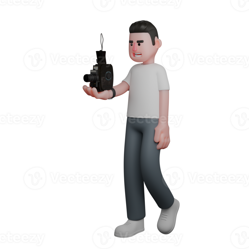 3D Media Photographer Male. A male photographer is walking with his right hand forward carrying an analog camera, as if taking media in a relaxed position. Professional png