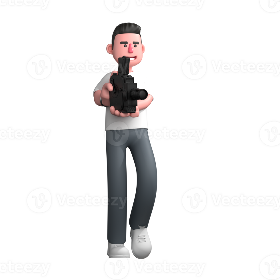 Male Photographer Cartoon in 3D. a male photographer is walking holding an analog film camera in front of his body with both hands, as if recording. Studio Setting png