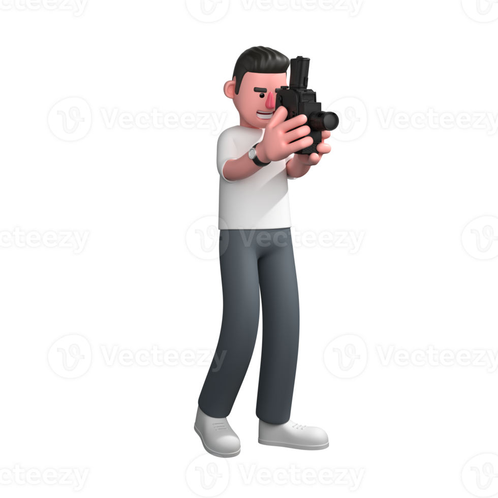 Professional Photographer 3D Cartoon. a male photographer is focusing on taking pictures using an analog camera and holding the camera with both hands. Male Visual Artist png