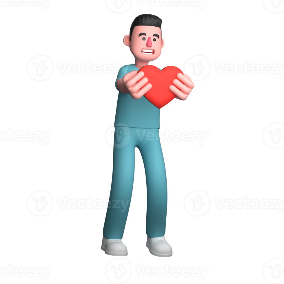 Nurse in 3D. A male nurse is seen standing with both hands raised in front of his body carrying a red heart-shaped box. Male Professional png