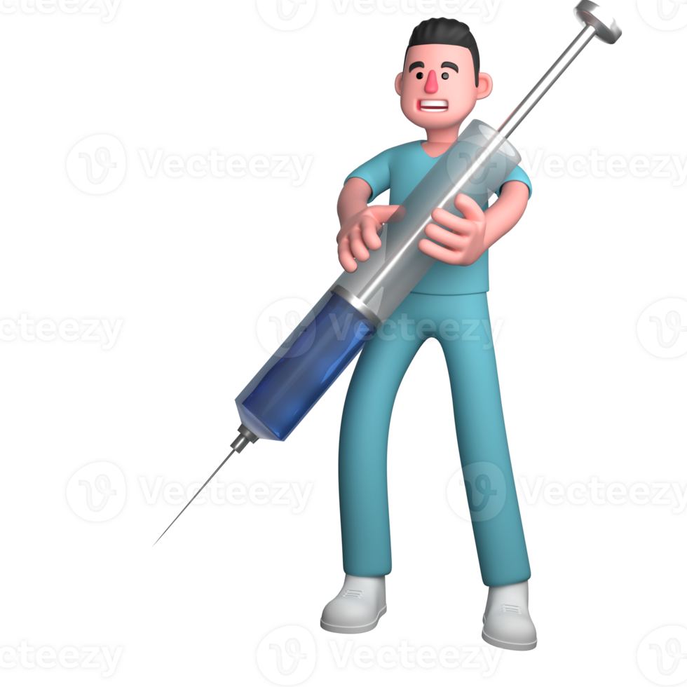 Male Nurse 3D Professional. A male nurse is seen standing with both hands holding a large syringe. Healthcare Cartoon png