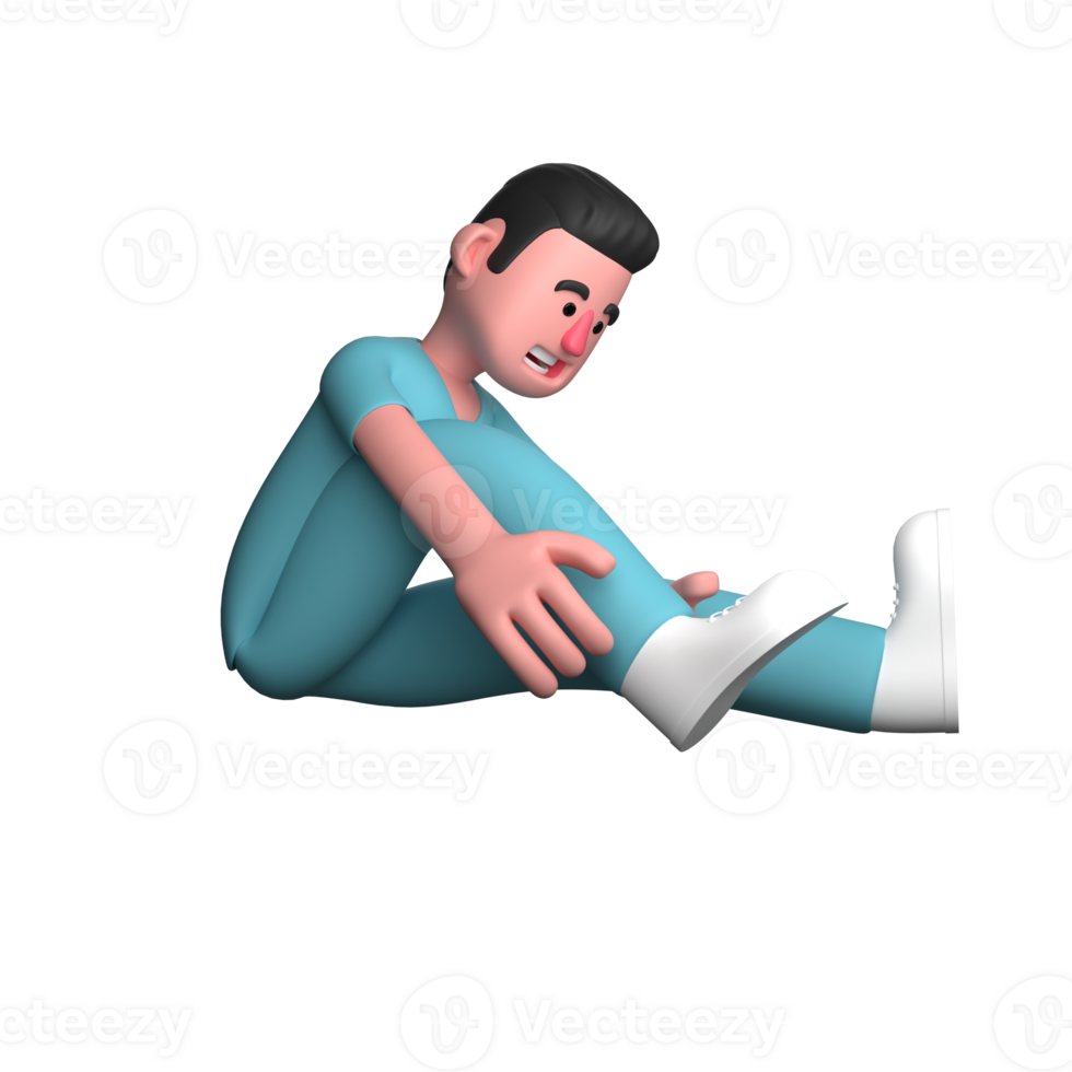 Male Nurse 3D Cartoon. A male nurse is seen sitting on the floor with both hands holding his right leg as if it is injured. Professional Healthcare png