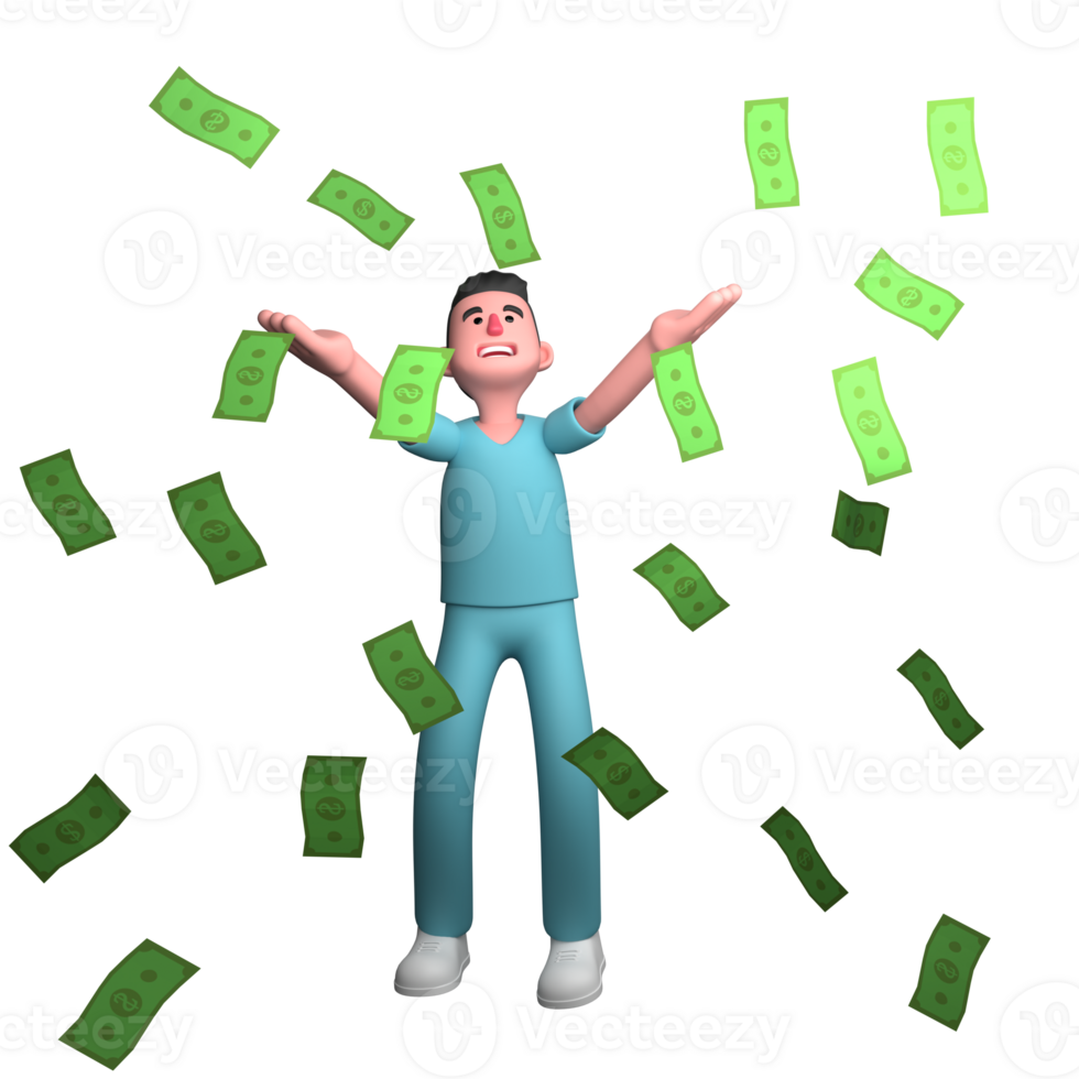 3D Male Nurse in Action. A male nurse is seen standing with both hands stretched upwards and it looks like a lot of money is falling around him, as if he is scattering money. Professional Healthcare png