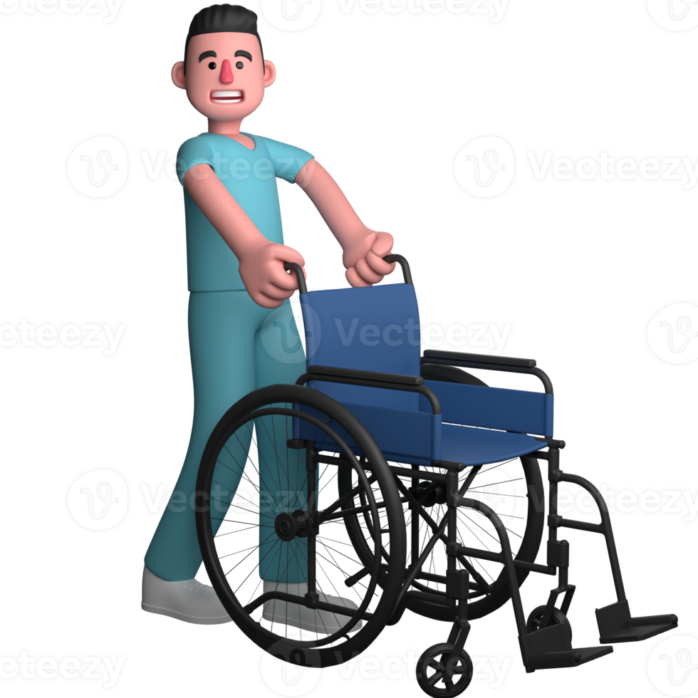 Male Healthcare Professional in 3D. A male nurse is seen pushing a blue wheelchair. Nurse Cartoon png