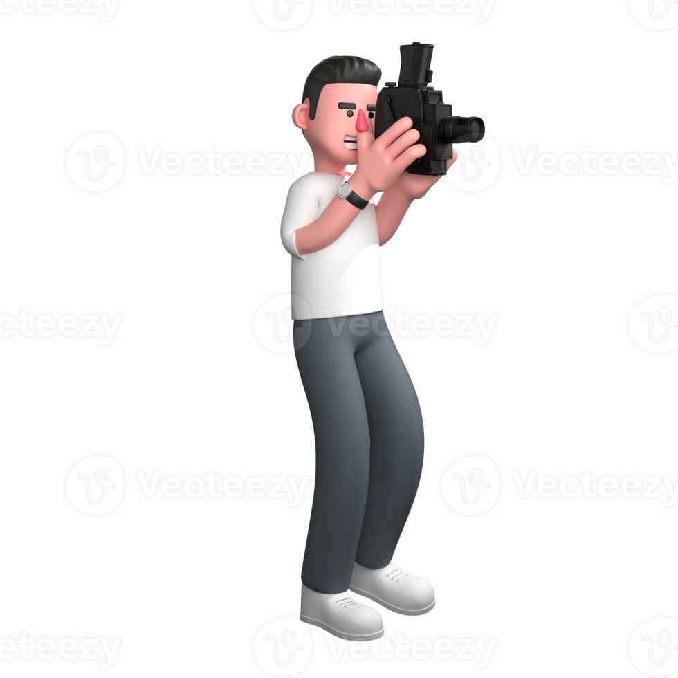Photographer Character. a male photographer is standing holding an analog film camera with both hands and holding the camera close to his face. 3D Illustrated Male Cameraman png