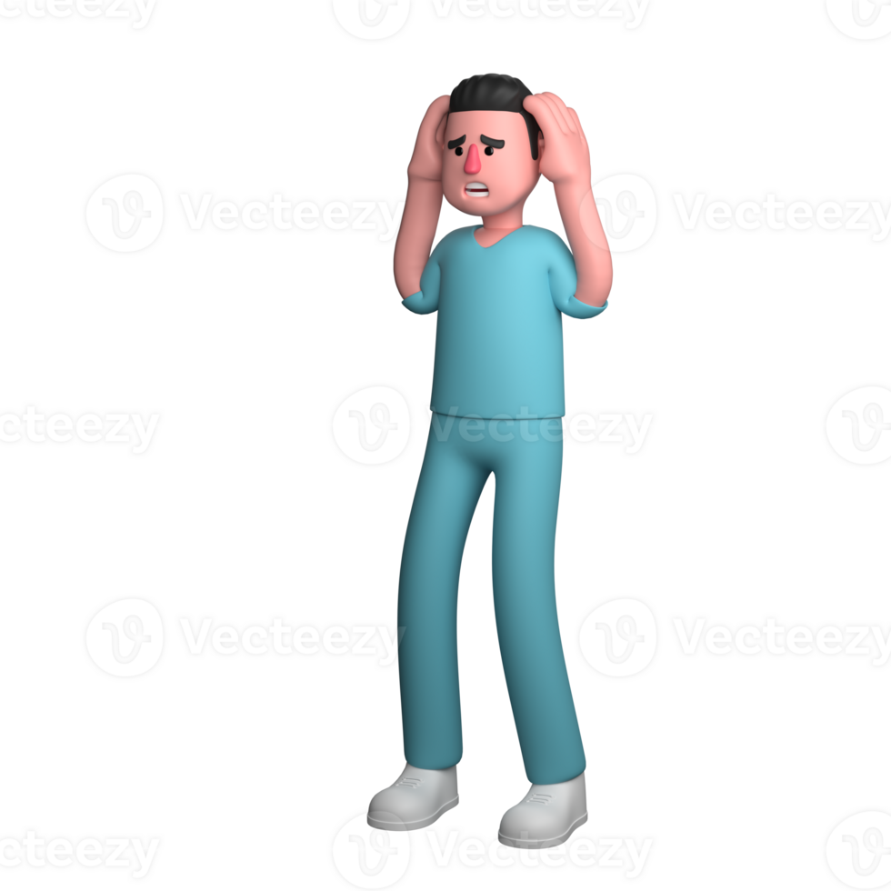 3D Model of Professional Male Nurse. A male nurse is seen standing with both hands covering his ears, as if he is disturbed by the disturbances around him. Healthcare Character png