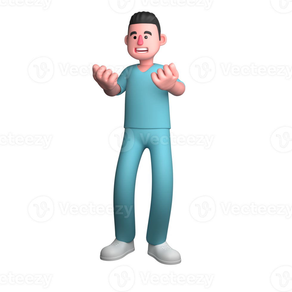 Professional 3D Male Healthcare Nurse. A male nurse is seen standing with both hands open forward, as if he wants to explain and invite others to come closer. Cartoon png