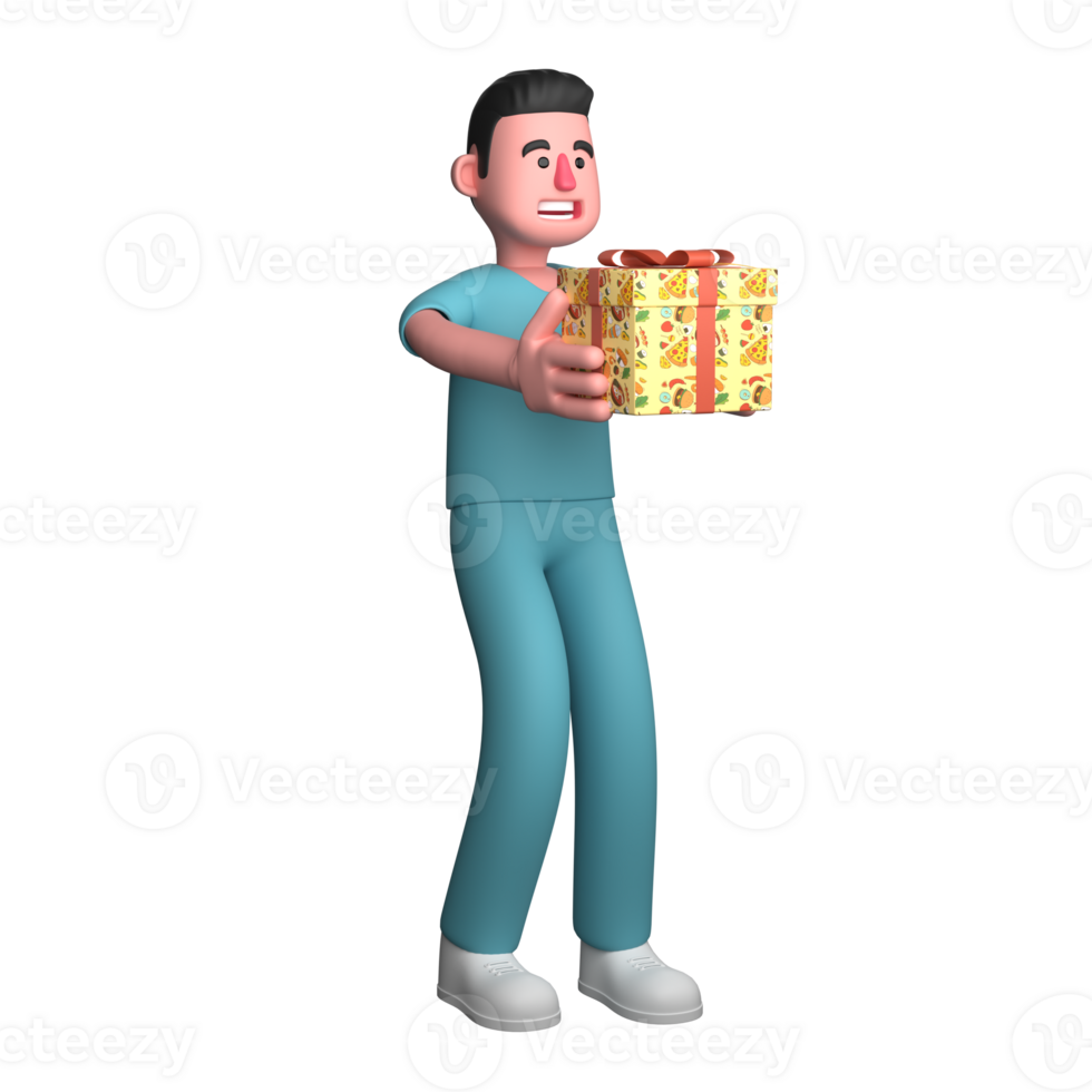 3D Male Nurse Character in Action. A male nurse is seen standing while holding a gift with a red ribbon in both of his hands. Professional png