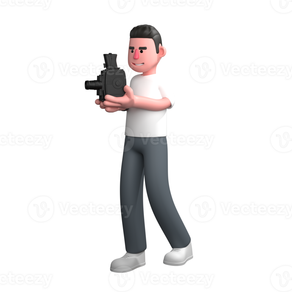 Photographic Expert 3D Model. a male photographer is walking to the right while holding a classic analog film camera with both hands. Photographer Cartoon png