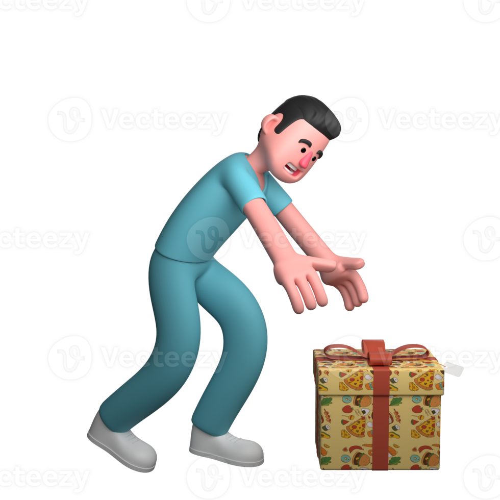 Professional Male Nurse in 3D Animation. A male nurse is seen bending down to pick up a box with a red ribbon that is below, with his hands facing down. Healthcare png