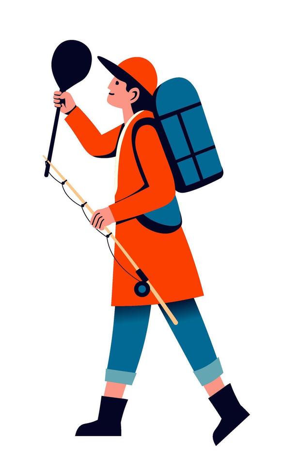 Man hiking with fishing gear vector