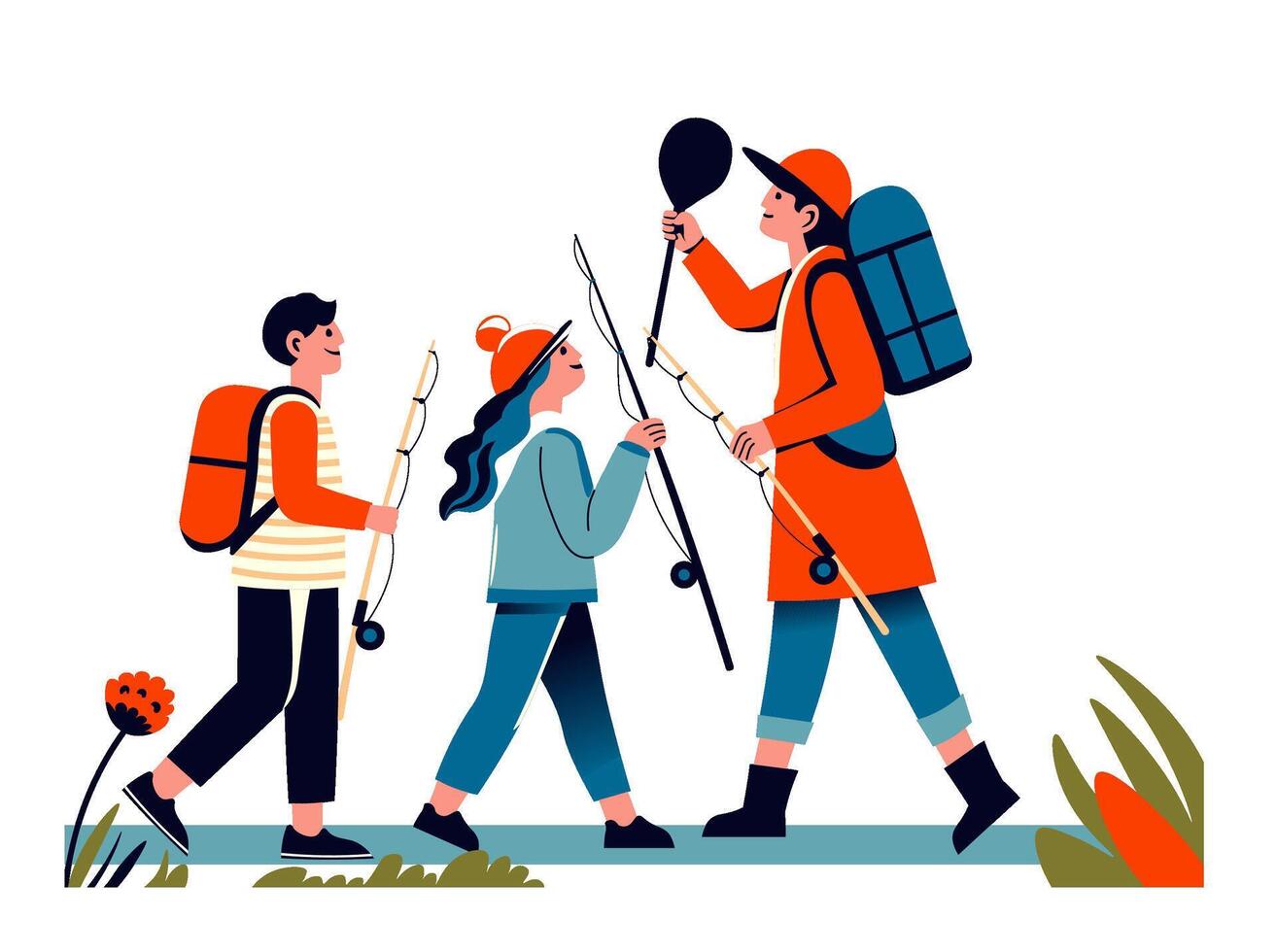 Group hiking with fishing rods vector