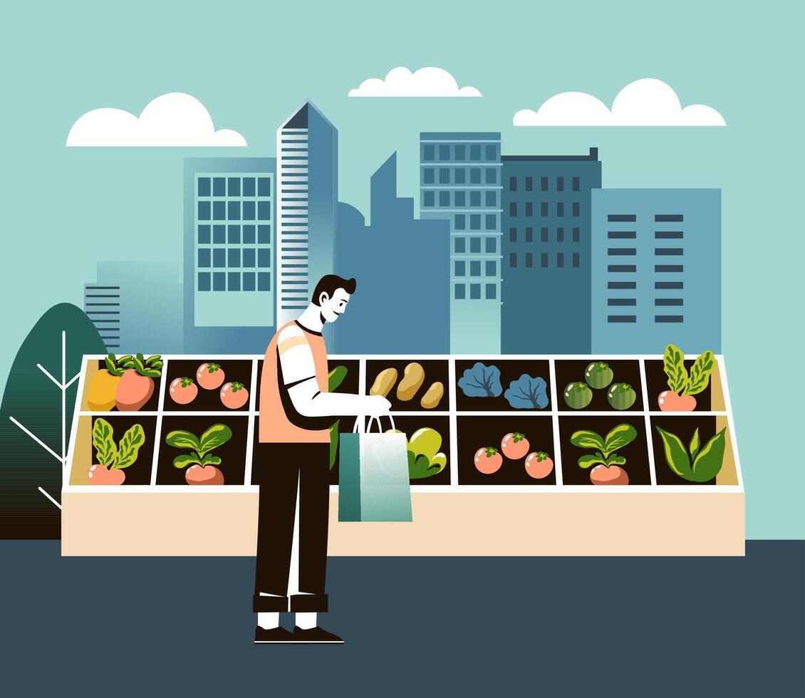 Man Shopping for Fresh Vegetables vector