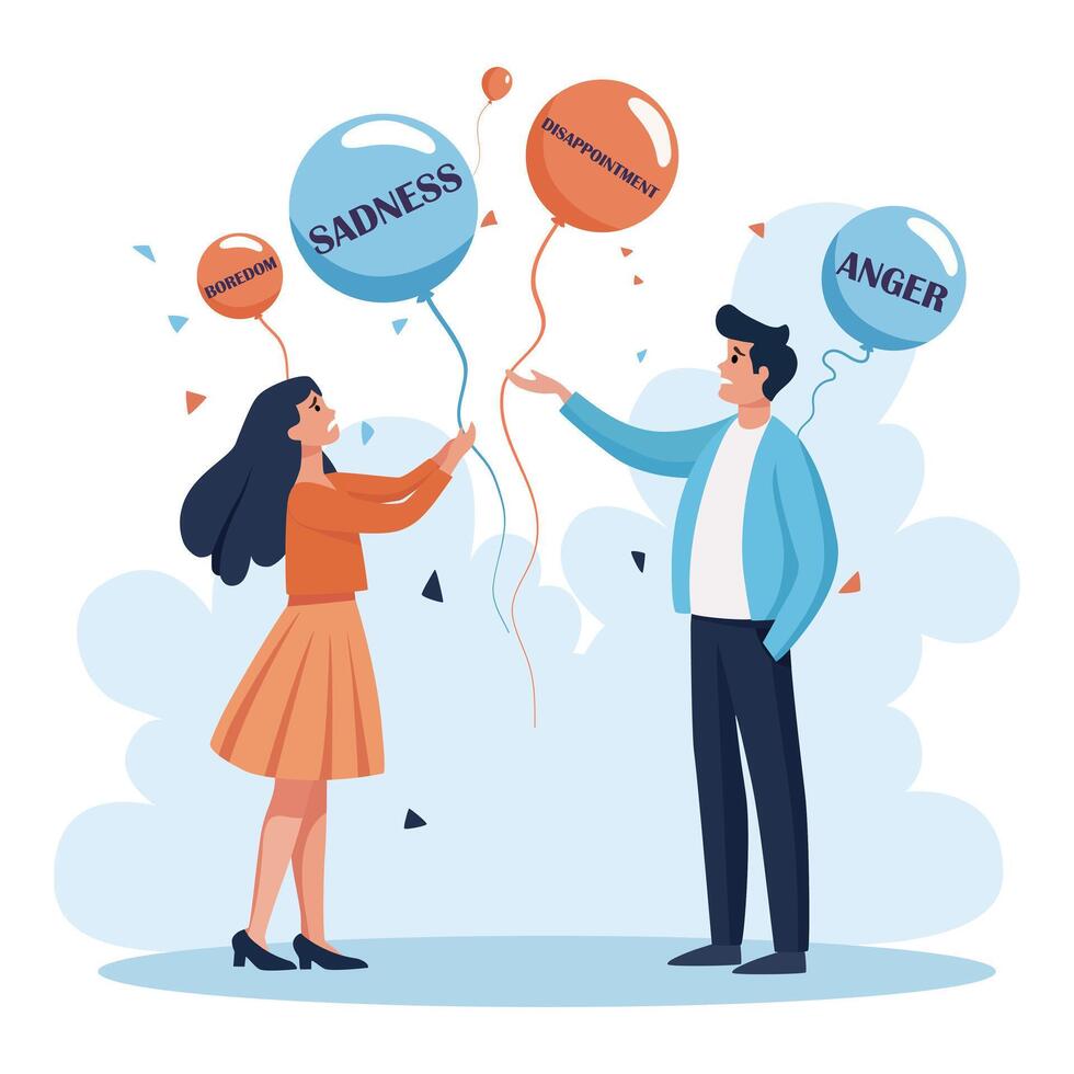 People with balloons with emotions written inside. The girl and the man show that they understand each others emotions. vector